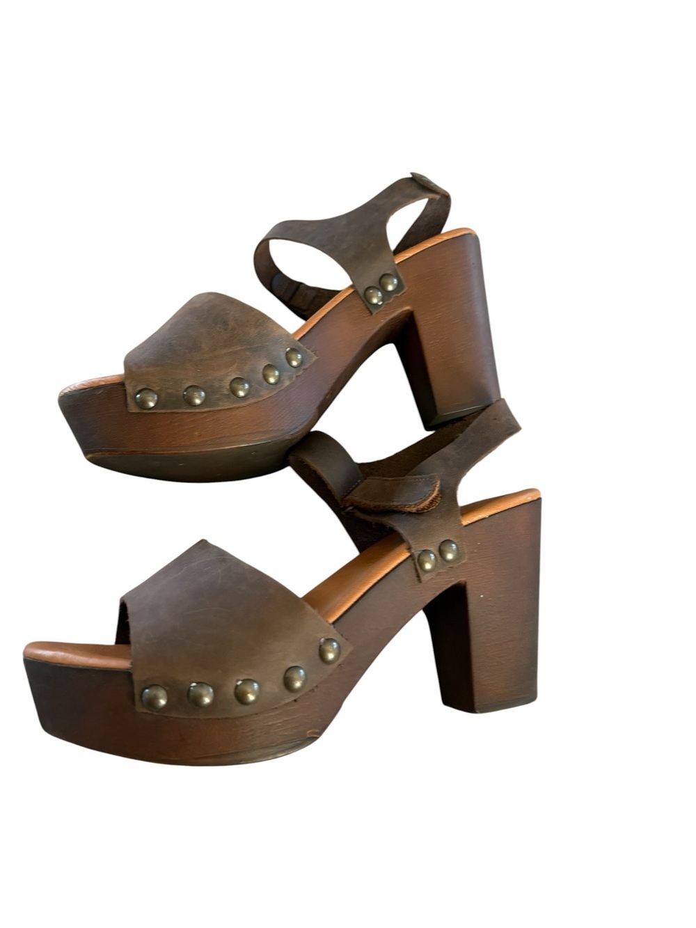 AVELLINI Made in Italy Brown Leather Wooden Platform Block Heel Size 40 US 9-10